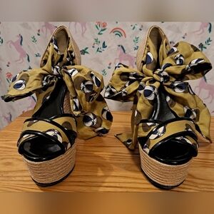 Vintage Y2K Gucci Platform Boho Jute & Silk Wedge Espadrille Shoe SZ 36.5 US 6